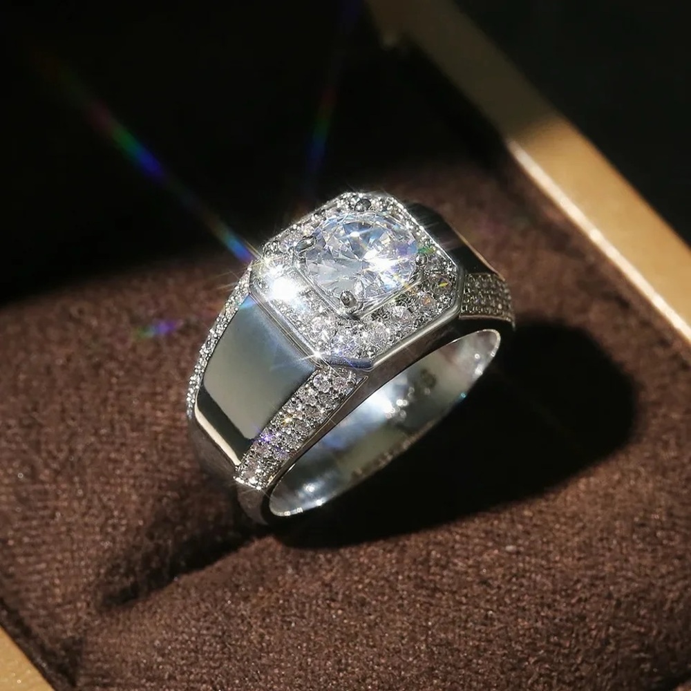 925 Sterling Silver Men AAA Crystal Zircon Stone Wedding Ring.